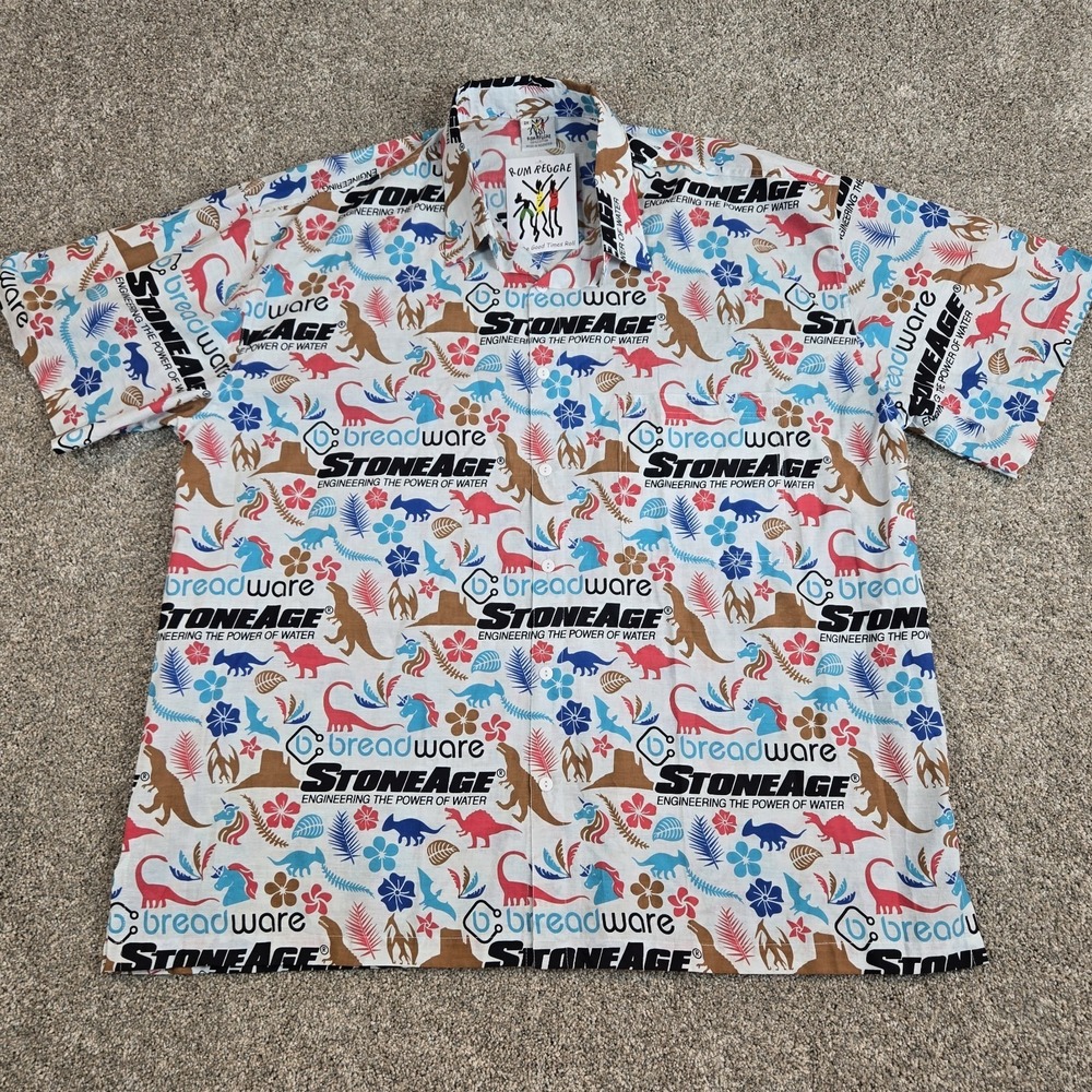 Rum Reggae Mens StoneAge Breadware Button Up Dinosaur Shirt‎ Size 2XL hawaiian - Picture 2 of 9